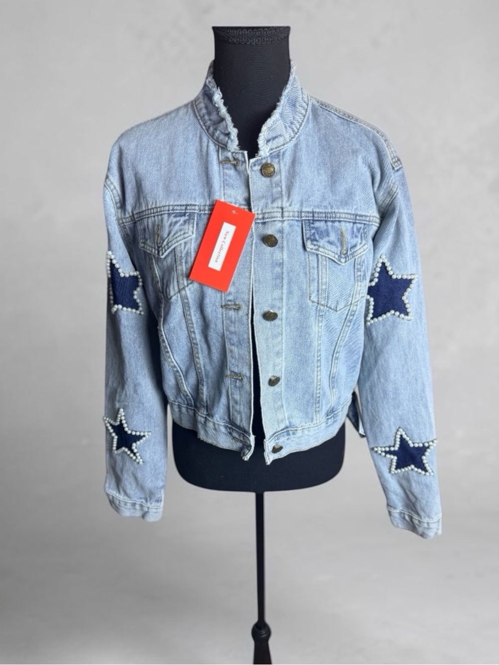 Unique Eclectic Y2K Light Wash Denim Star Pearl Embellished Jacket